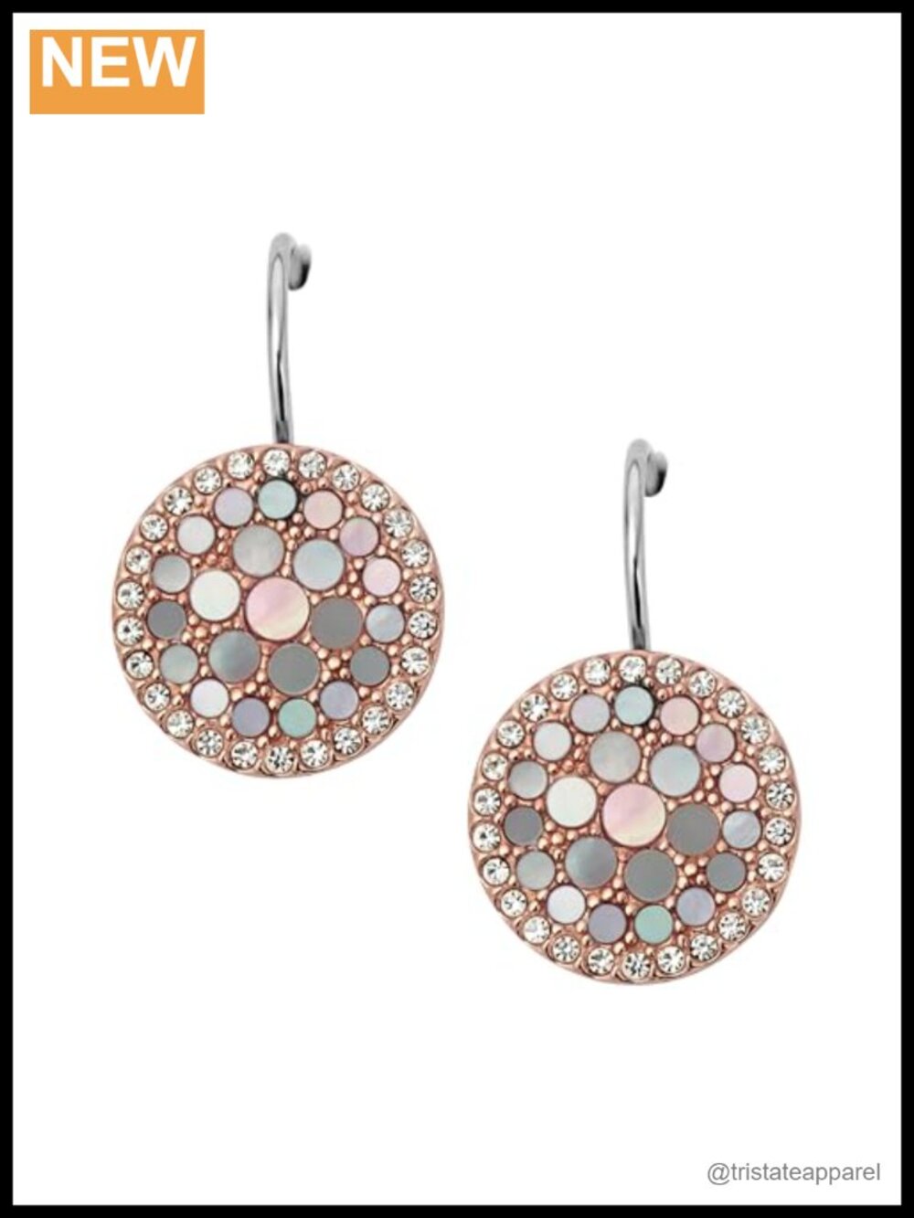 Pave Glitz Brass Hoop Earrings Rose Gold and Mother-of-Pearl Drop